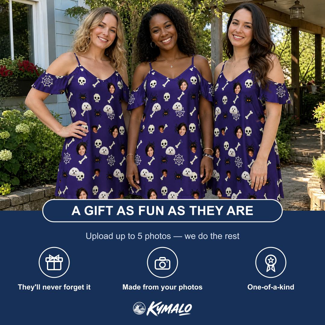 Friends in matching Women's Bone Appétit Custom Face Off-Shoulder Dress — a group gift photo