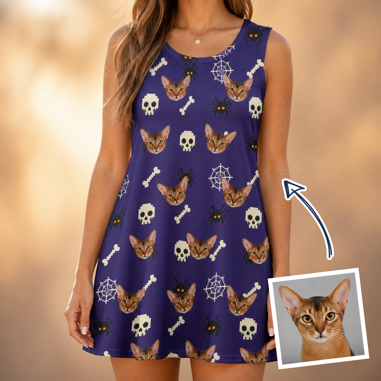 Woman wearing Women's Bone Appétit Custom Cat Face Tank Dress — custom faces printed all-over
