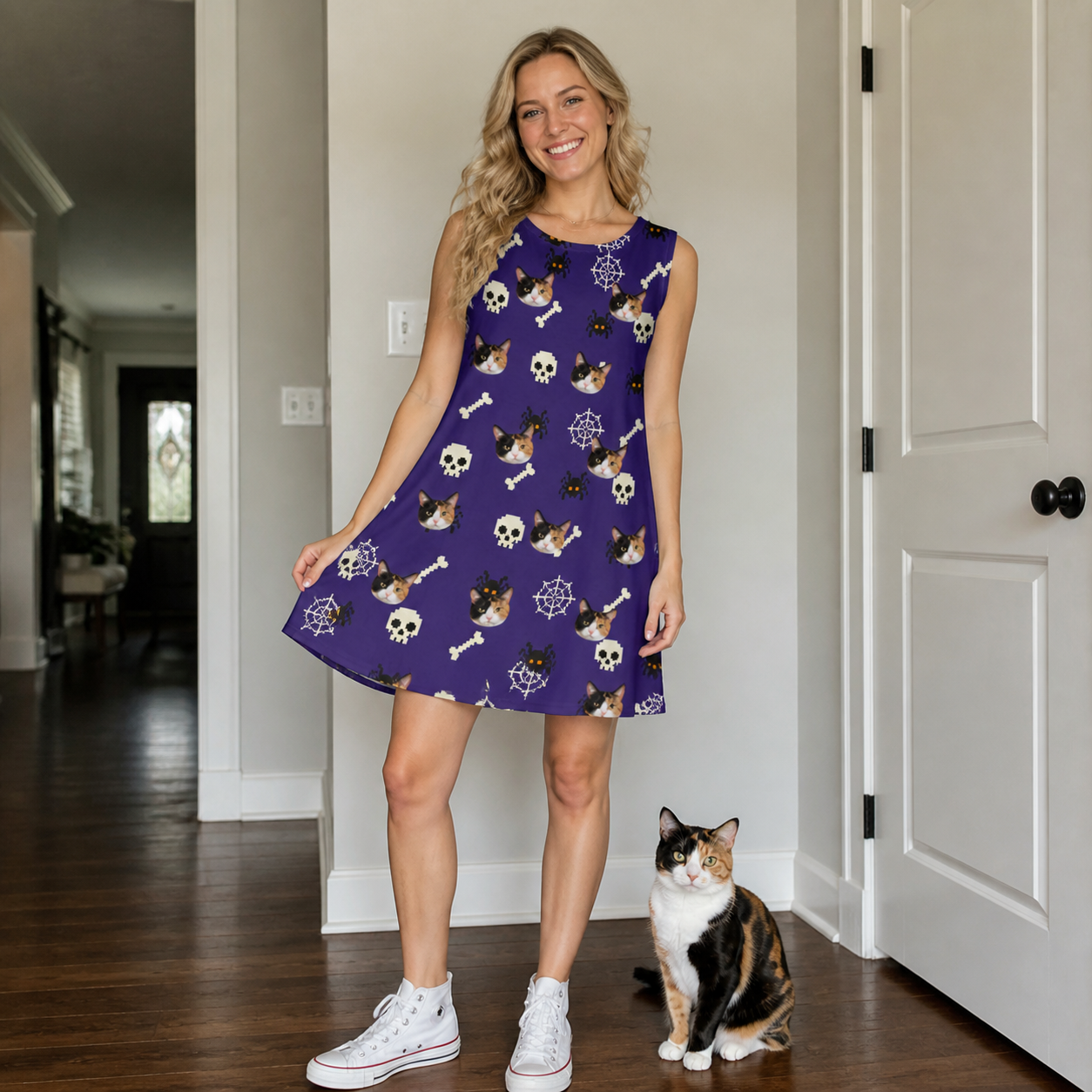 Full-length photo with the pet printed all over this Women's Bone Appétit Custom Cat Face Tank Dress