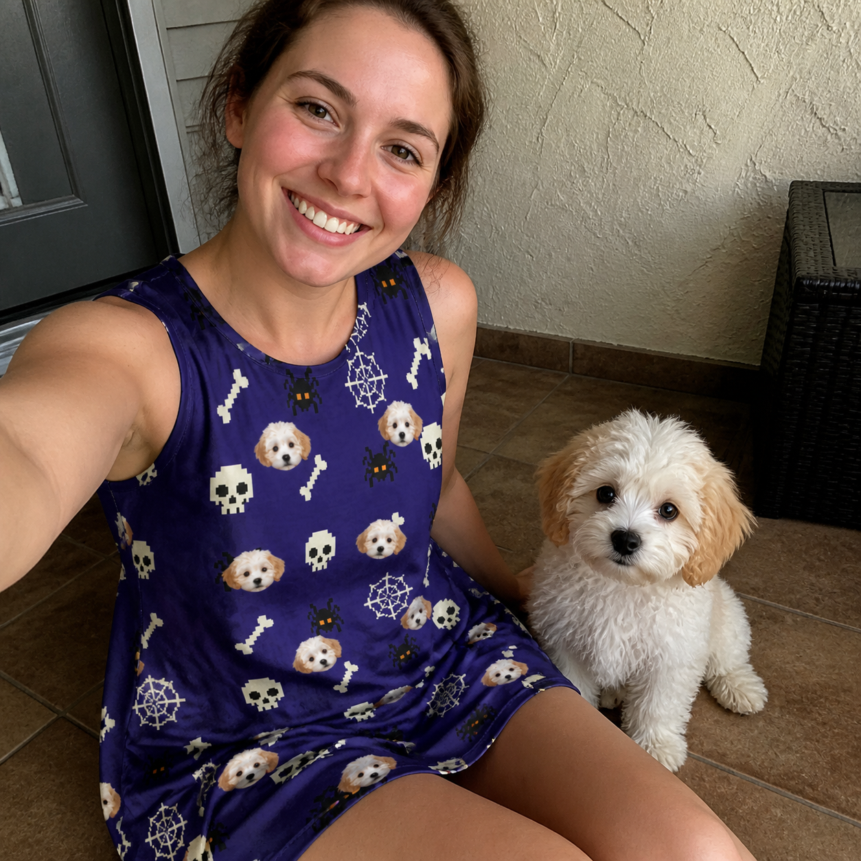 Selfie with the pet whose face is printed all over this Women's Bone Appétit Custom Dog Face Tank Dress