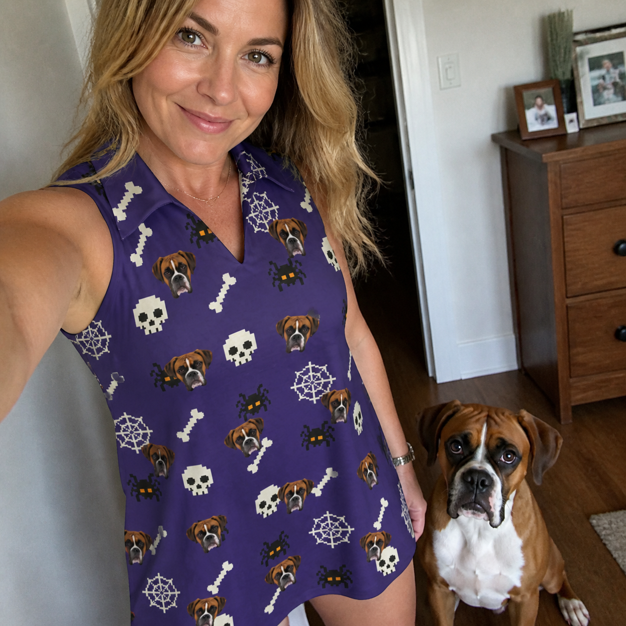 Selfie with the pet whose face is printed all over this Women's Bone Appétit Custom Dog Face V-Neck Dress