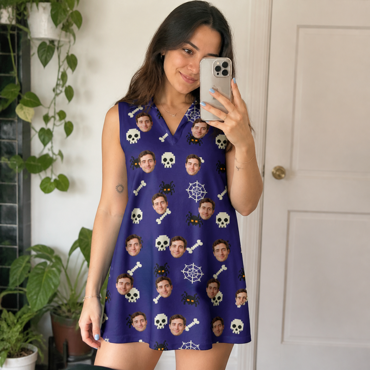 Real-life photo of someone wearing Women's Bone Appétit Custom Face V-Neck Dress — custom faces printed all-over