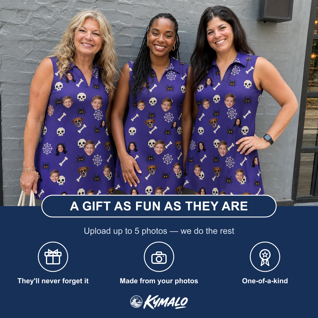 Friends in matching Women's Bone Appétit Custom Face V-Neck Dress — a group gift photo
