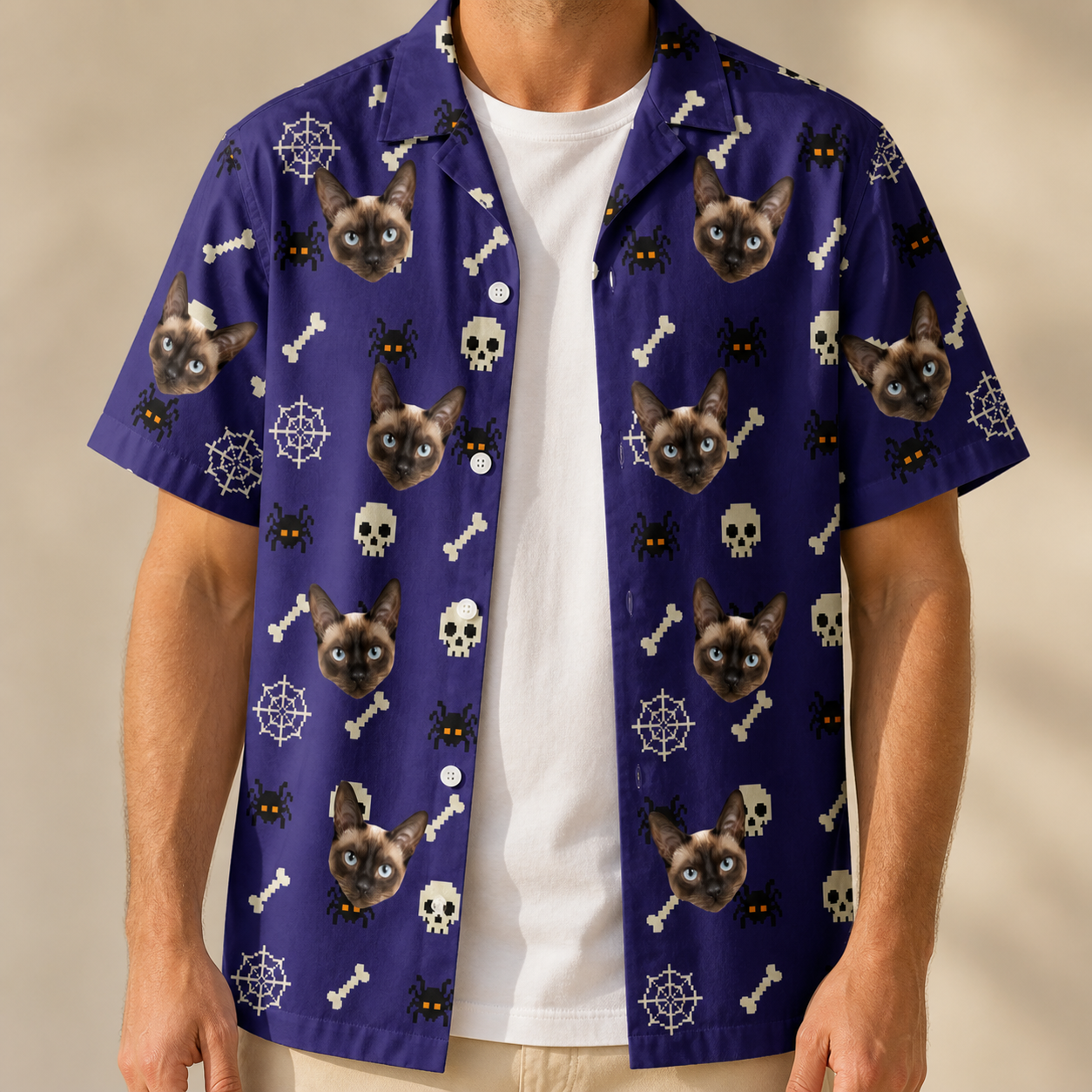 Man wearing Men's Bone Appétit Custom Cat Face Hawaiian Shirt open over a white tee