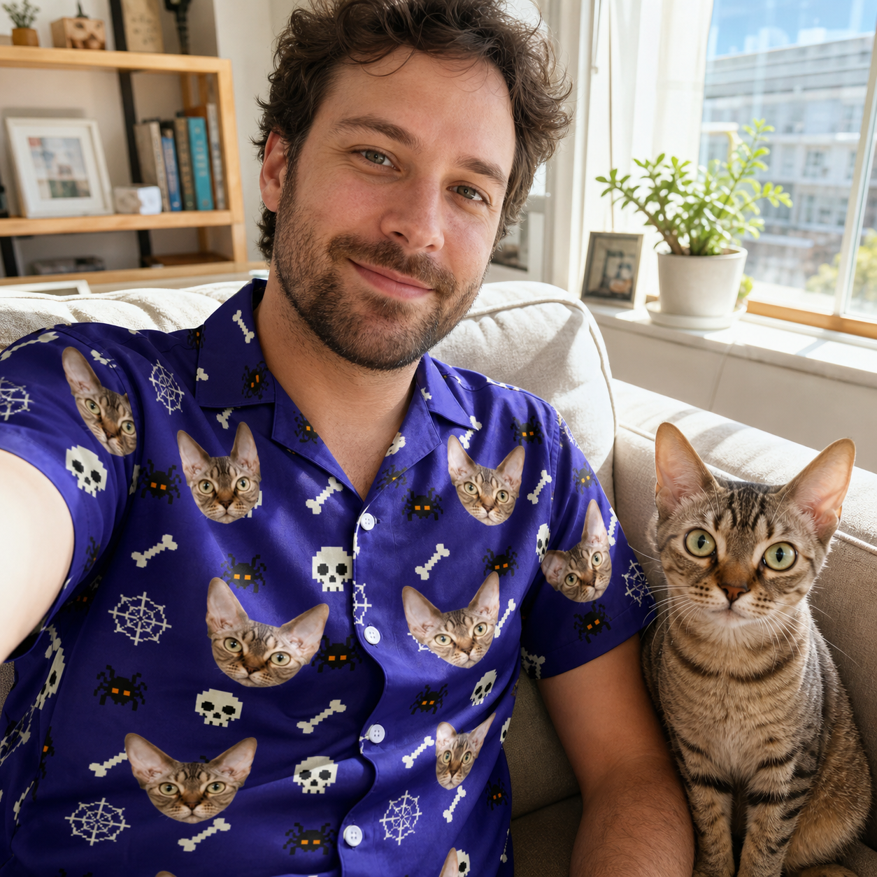 Selfie with the pet whose face is printed all over this Men's Bone Appétit Custom Cat Face Hawaiian Shirt