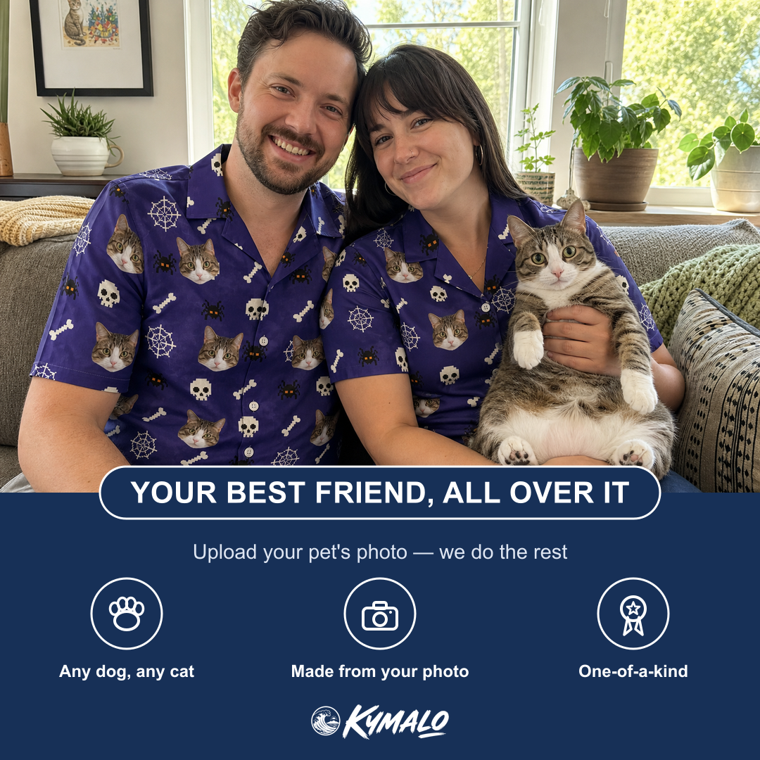 Friends in matching Men's Bone Appétit Custom Cat Face Hawaiian Shirt — a group gift photo