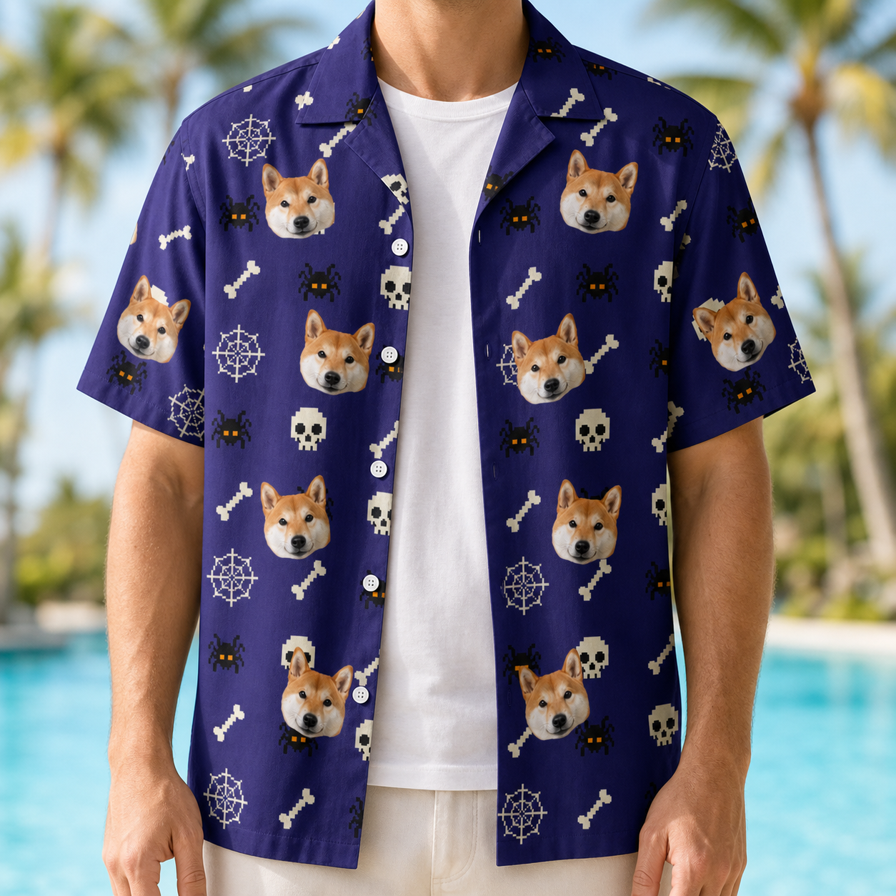 Man wearing Men's Bone Appétit Custom Dog Face Hawaiian Shirt open over a white tee