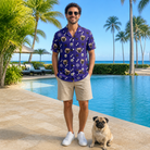 Full-length photo with the pet printed all over this Men's Bone Appétit Custom Dog Face Hawaiian Shirt