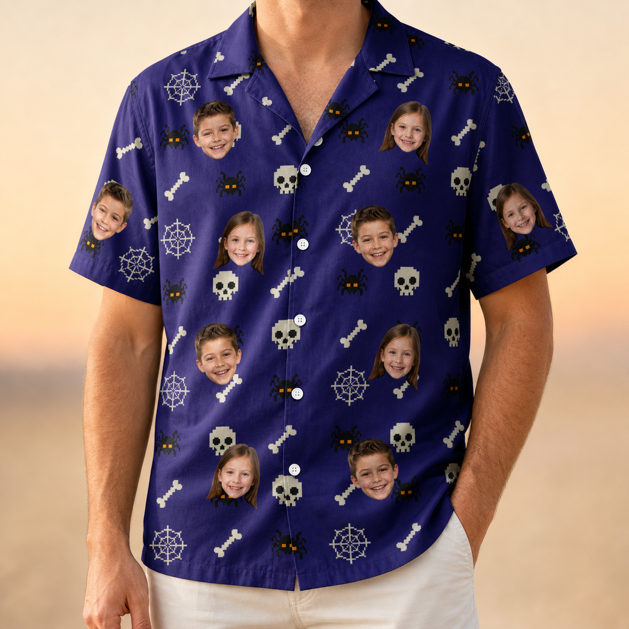 Model wearing Men's Bone Appétit Custom Face Hawaiian Shirt printed with kids' faces