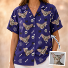 Woman wearing Women's Bone Appétit Custom Cat Face Hawaiian Shirt — custom faces printed all-over