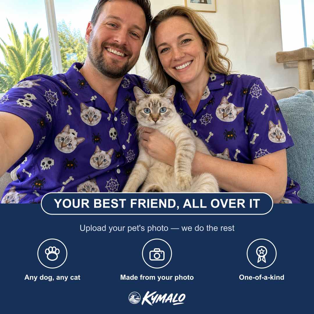Friends in matching Women's Bone Appétit Custom Cat Face Hawaiian Shirt — a group gift photo