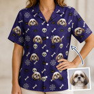 Woman wearing Women's Bone Appétit Custom Dog Face Hawaiian Shirt — custom faces printed all-over