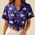 Woman wearing Women's Bone Appétit Custom Dog Face Hawaiian Shirt tied at the waist