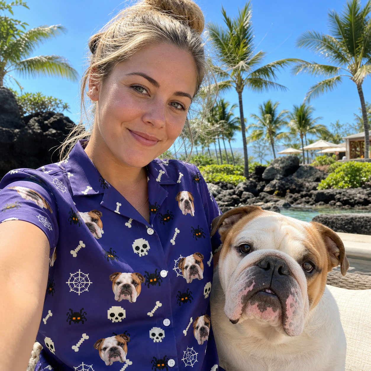 Selfie with the pet whose face is printed all over this Women's Bone Appétit Custom Dog Face Hawaiian Shirt