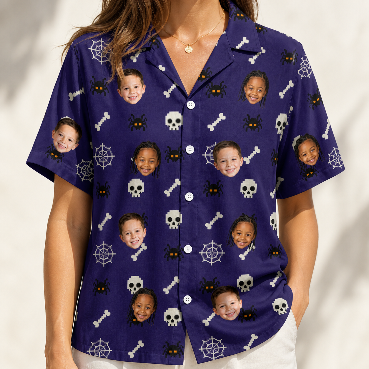 Model wearing Women's Bone Appétit Custom Face Hawaiian Shirt printed with kids' faces