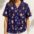 Model wearing Women's Bone Appétit Custom Face Hawaiian Shirt printed with kids' faces