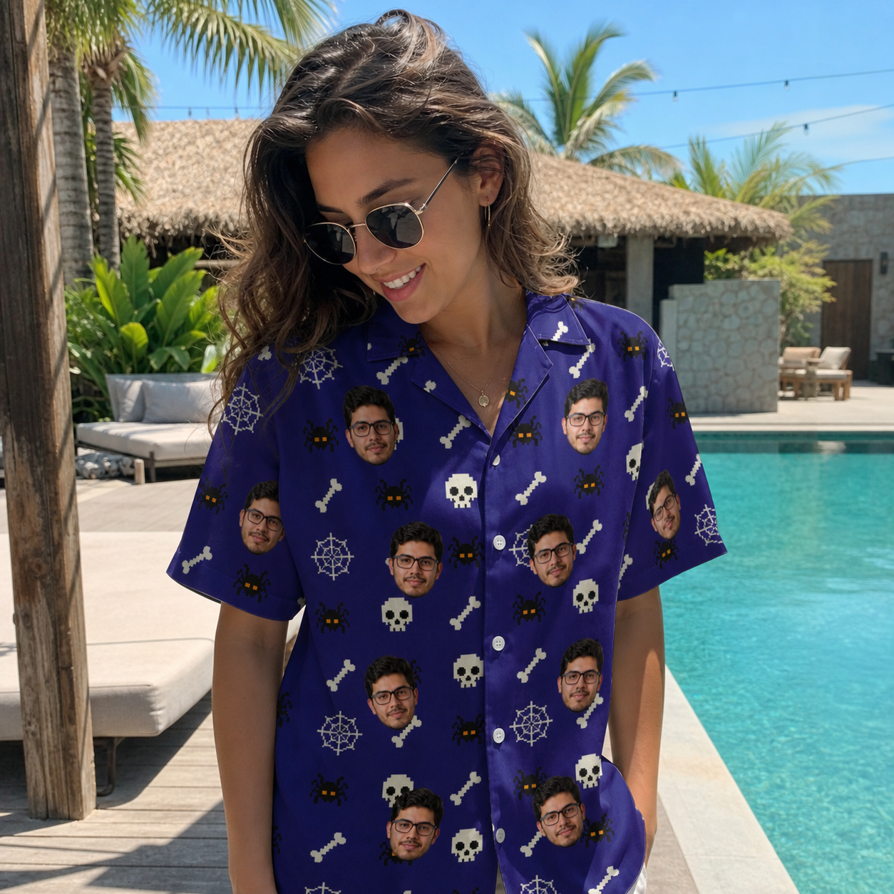 Real-life photo of someone wearing Women's Bone Appétit Custom Face Hawaiian Shirt — custom faces printed all-over