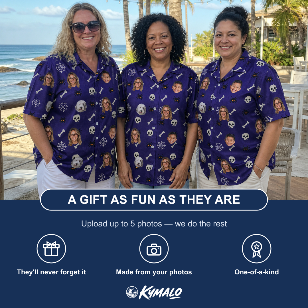 Friends in matching Women's Bone Appétit Custom Face Hawaiian Shirt — a group gift photo