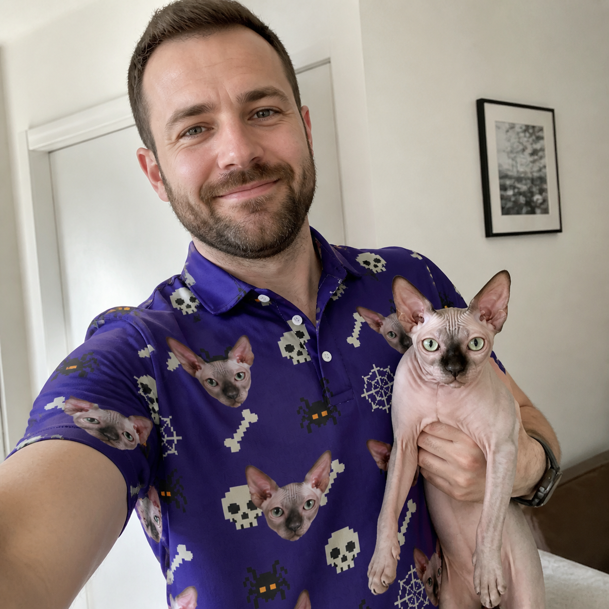 Selfie with the pet whose face is printed all over this Men's Bone Appétit Custom Cat Face Polo Shirt