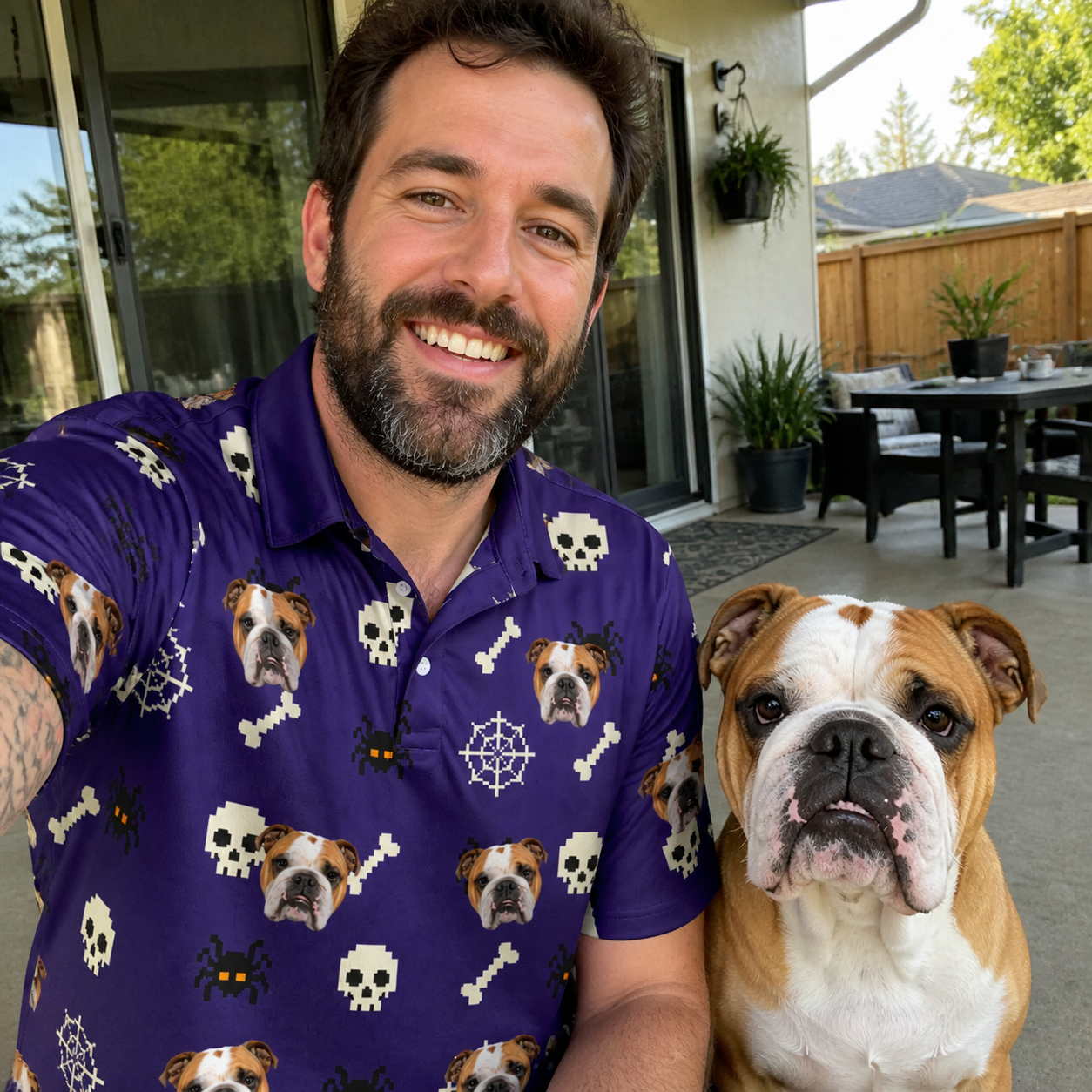 Selfie with the pet whose face is printed all over this Men's Bone Appétit Custom Dog Face Polo Shirt