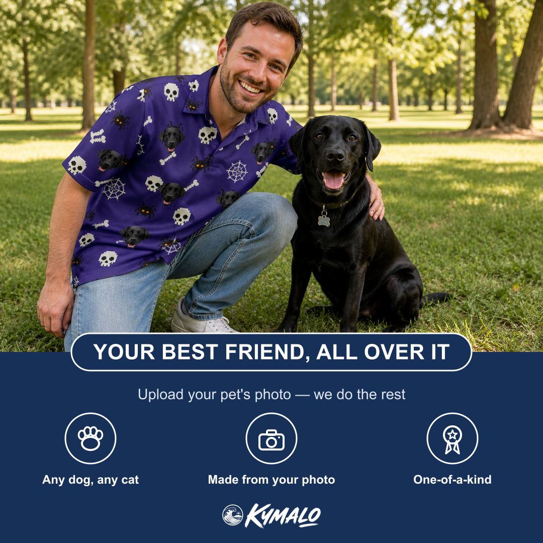 Friends in matching Men's Bone Appétit Custom Dog Face Polo Shirt — a group gift photo
