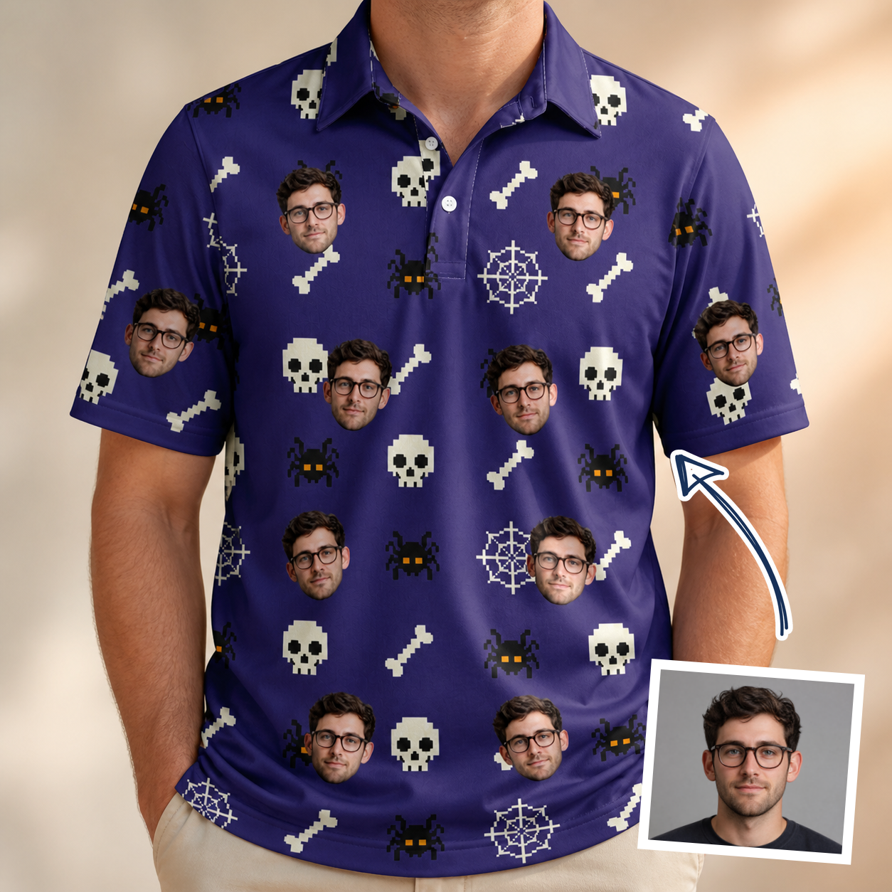 Man wearing Men's Bone Appétit Custom Face Polo Shirt — custom faces printed all-over
