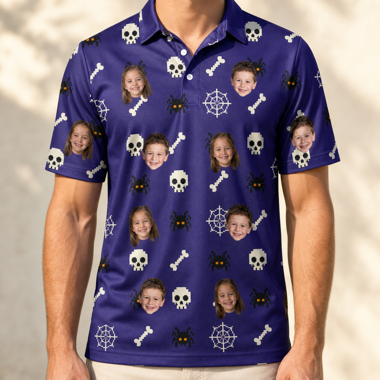 Model wearing Men's Bone Appétit Custom Face Polo Shirt printed with kids' faces
