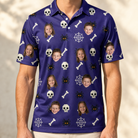 Model wearing Men's Bone Appétit Custom Face Polo Shirt printed with kids' faces