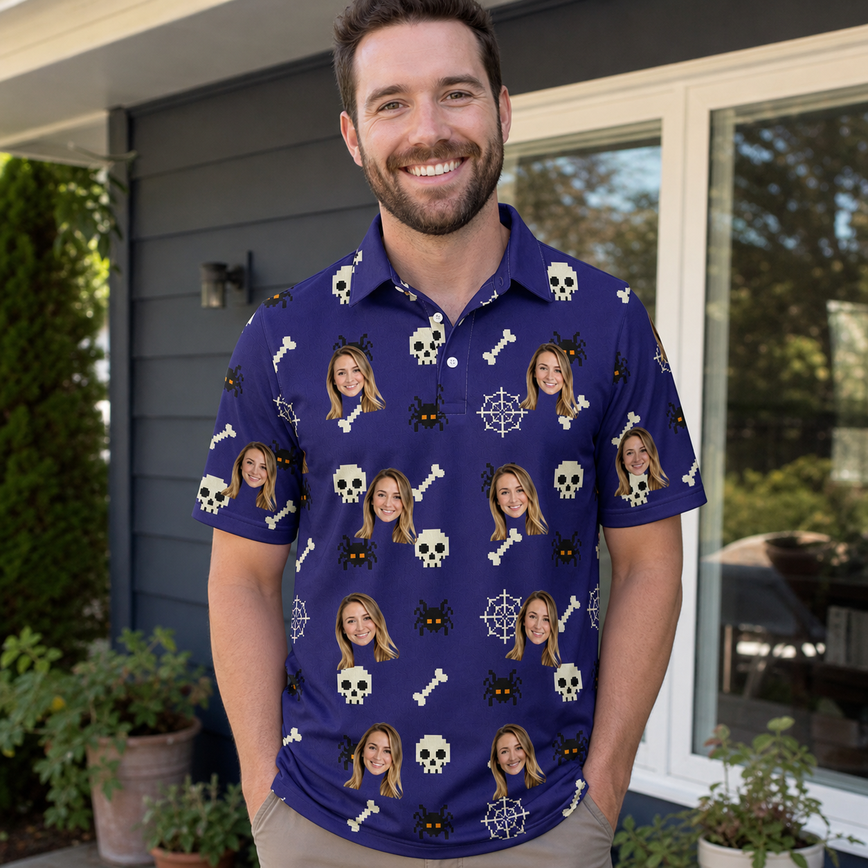 Real-life photo of someone wearing Men's Bone Appétit Custom Face Polo Shirt — custom faces printed all-over