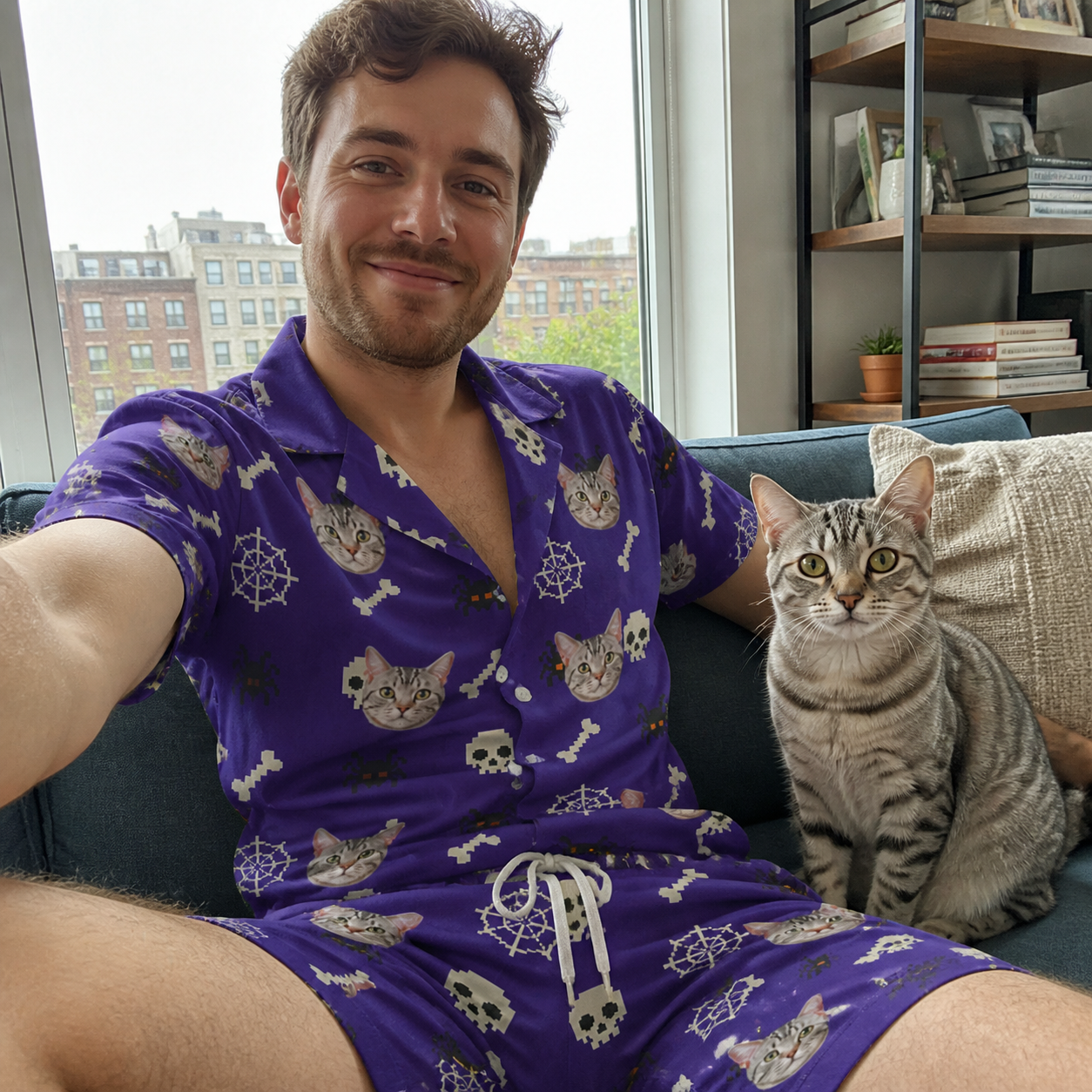 Selfie with the pet whose face is printed all over this Men's Bone Appétit Custom Cat Face Shirt & Shorts Set