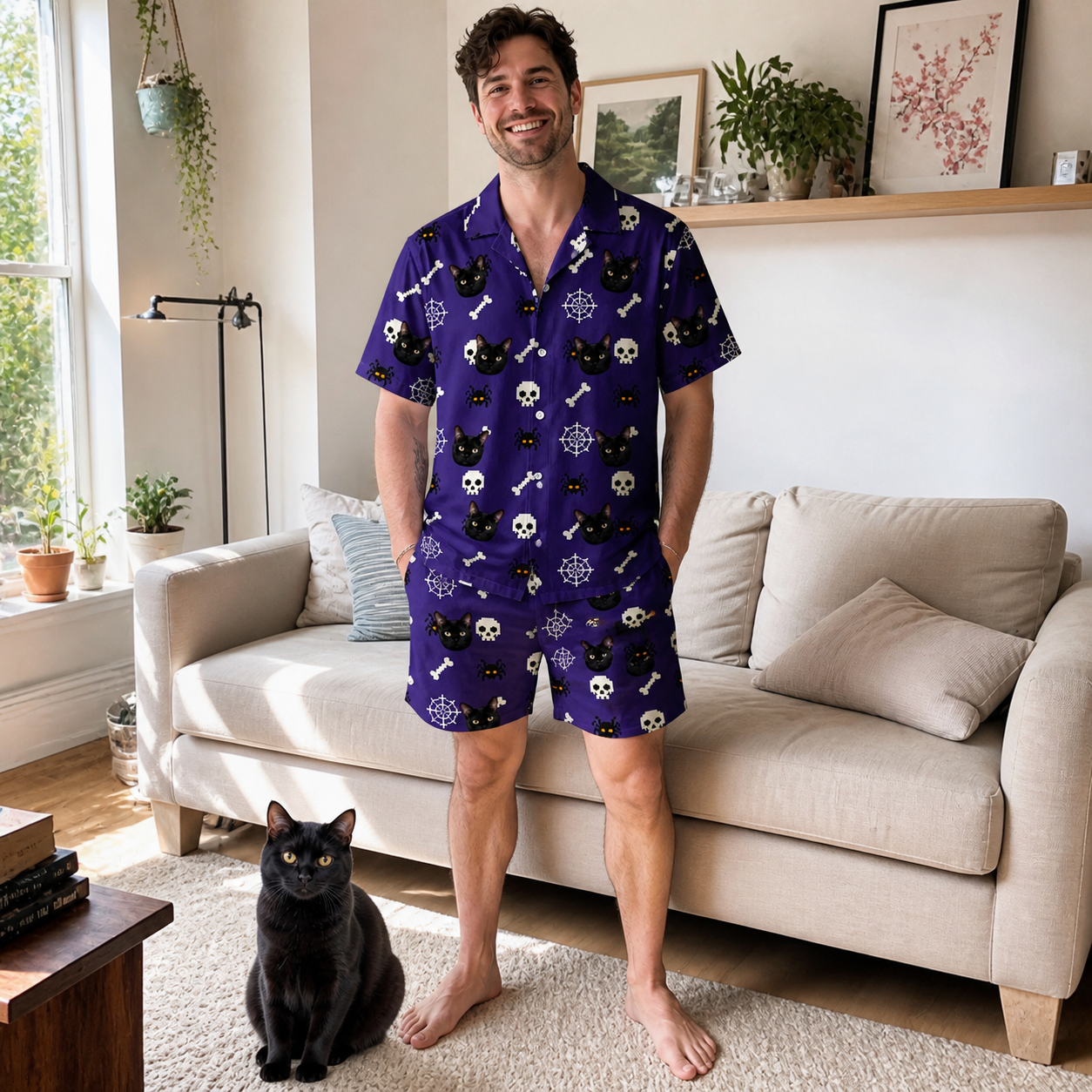 Full-length photo with the pet printed all over this Men's Bone Appétit Custom Cat Face Shirt & Shorts Set