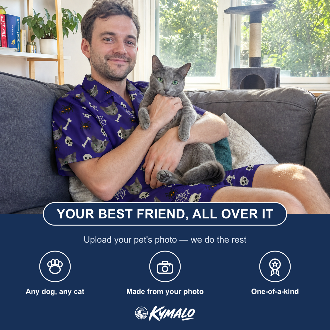 Friends in matching Men's Bone Appétit Custom Cat Face Shirt & Shorts Set — a group gift photo