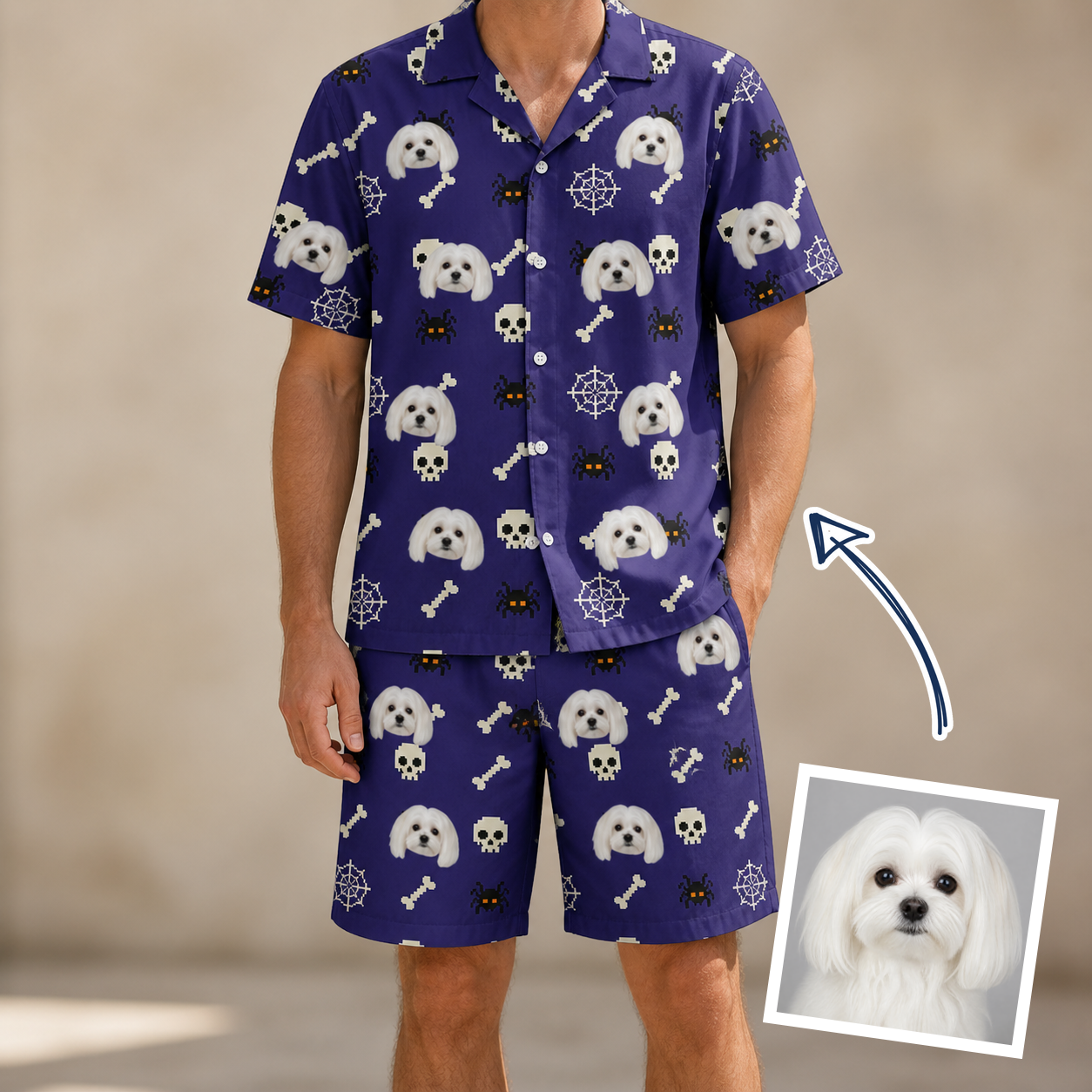 Man wearing Men's Bone Appétit Custom Dog Face Shirt & Shorts Set — custom faces printed all-over