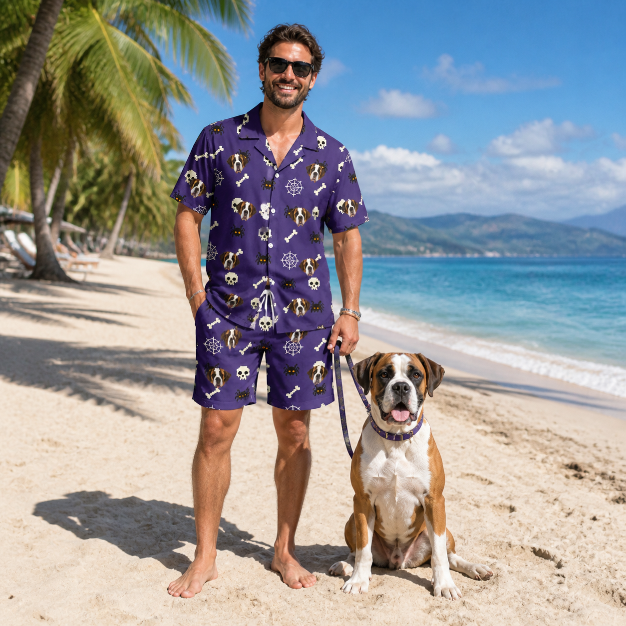 Full-length photo with the pet printed all over this Men's Bone Appétit Custom Dog Face Shirt & Shorts Set