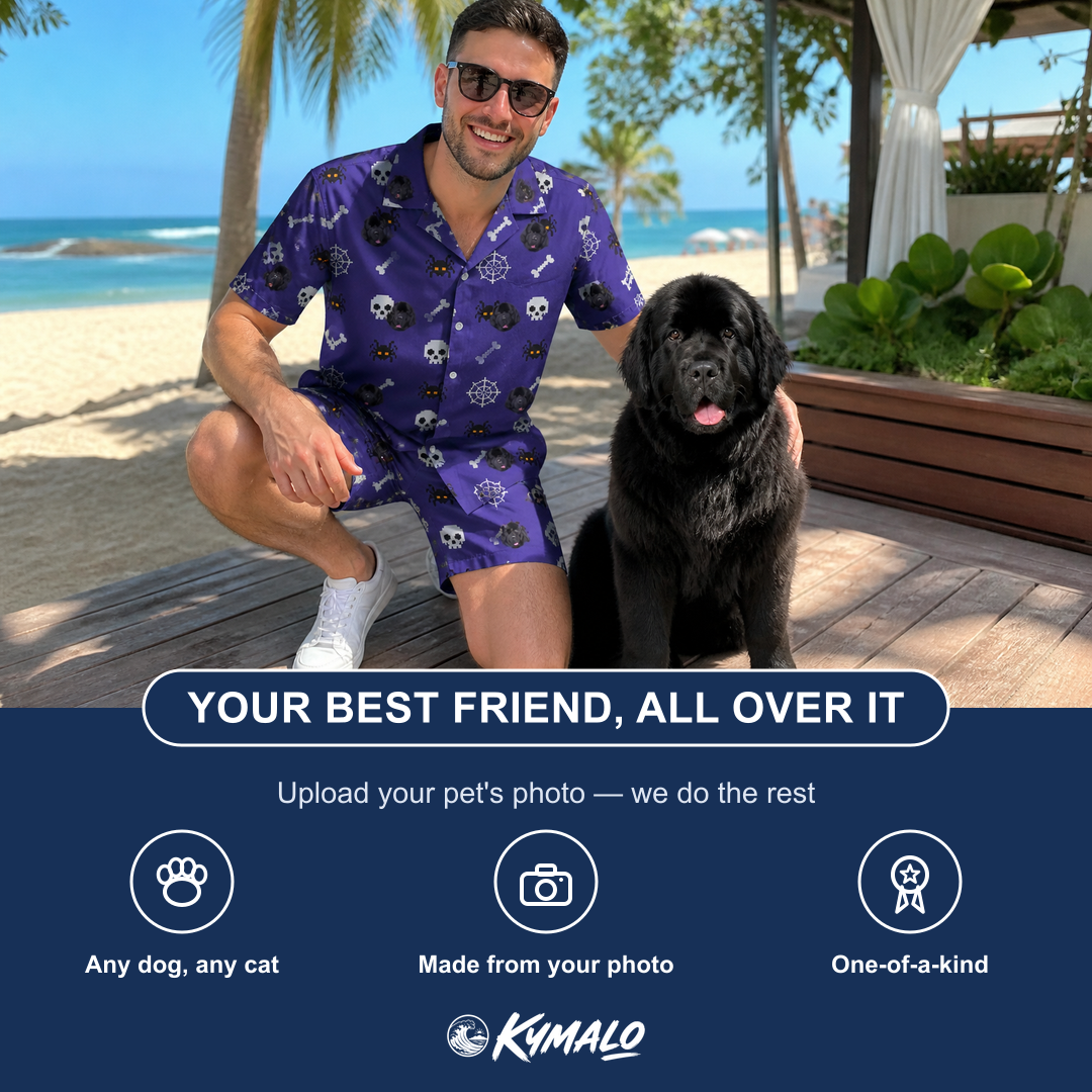 Friends in matching Men's Bone Appétit Custom Dog Face Shirt & Shorts Set — a group gift photo