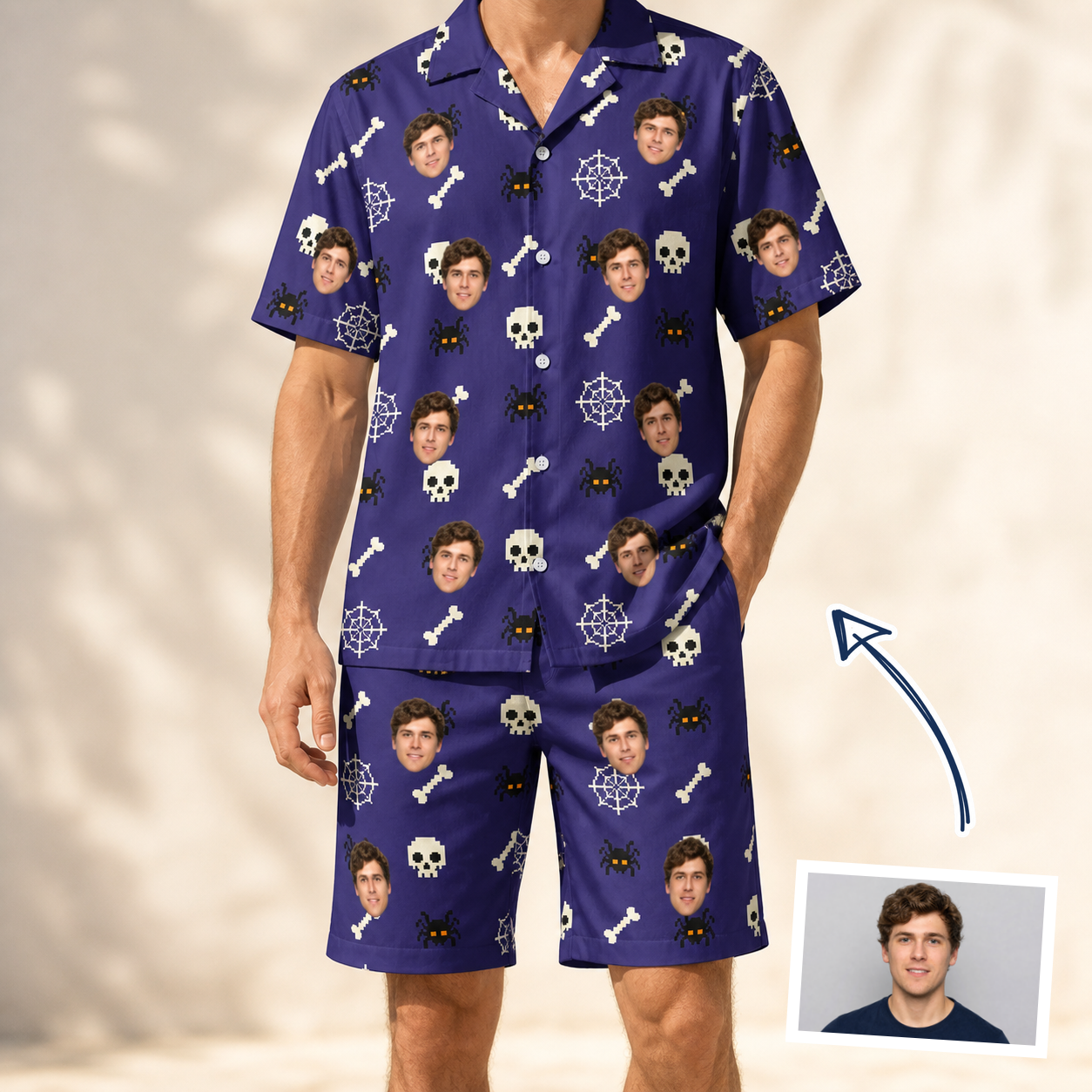 Man wearing Men's Bone Appétit Custom Face Shirt & Shorts Set — custom faces printed all-over