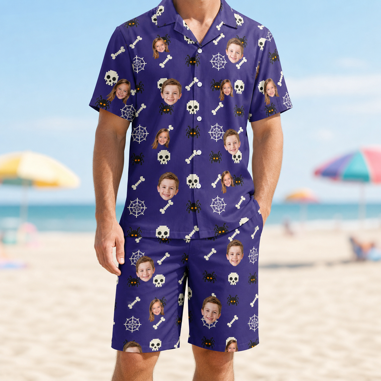 Model wearing Men's Bone Appétit Custom Face Shirt & Shorts Set printed with kids' faces