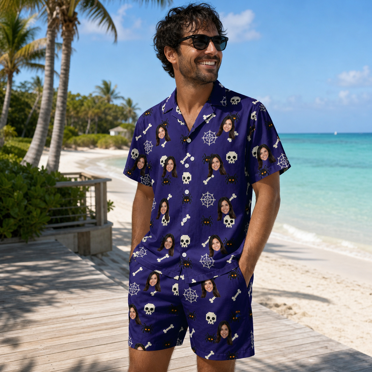 Real-life photo of someone wearing Men's Bone Appétit Custom Face Shirt & Shorts Set — custom faces printed all-over