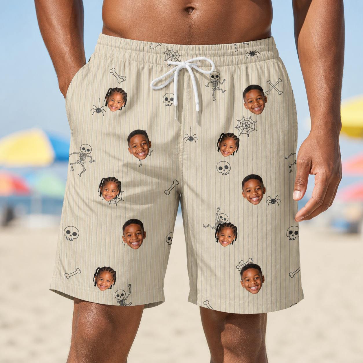 Model wearing Men's Arachnid Antics Custom Face Beach Shorts printed with kids' faces