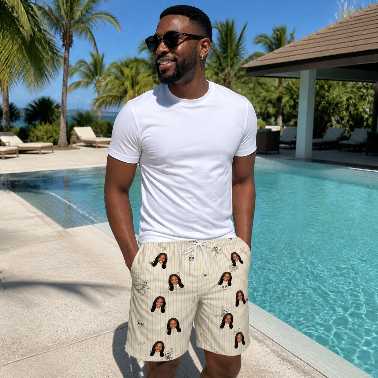 Real-life photo of someone wearing Men's Arachnid Antics Custom Face Beach Shorts — custom faces printed all-over