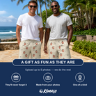 Friends in matching Men's Arachnid Antics Custom Face Beach Shorts — a group gift photo