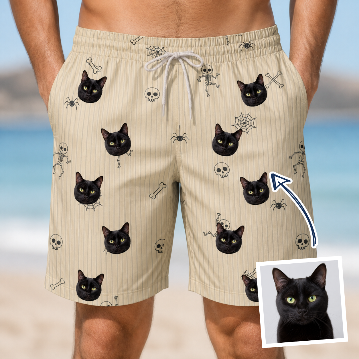 Man wearing Men's Arachnid Antics Custom Cat Face Beach Shorts — custom faces printed all-over