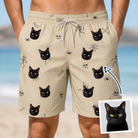 Man wearing Men's Arachnid Antics Custom Cat Face Beach Shorts — custom faces printed all-over