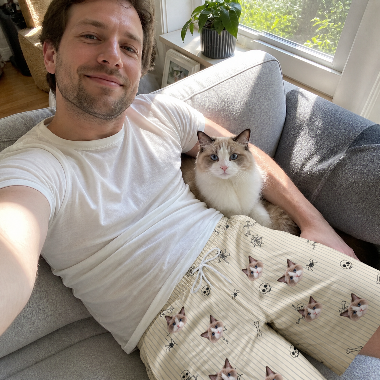 Selfie with the pet whose face is printed all over this Men's Arachnid Antics Custom Cat Face Beach Shorts