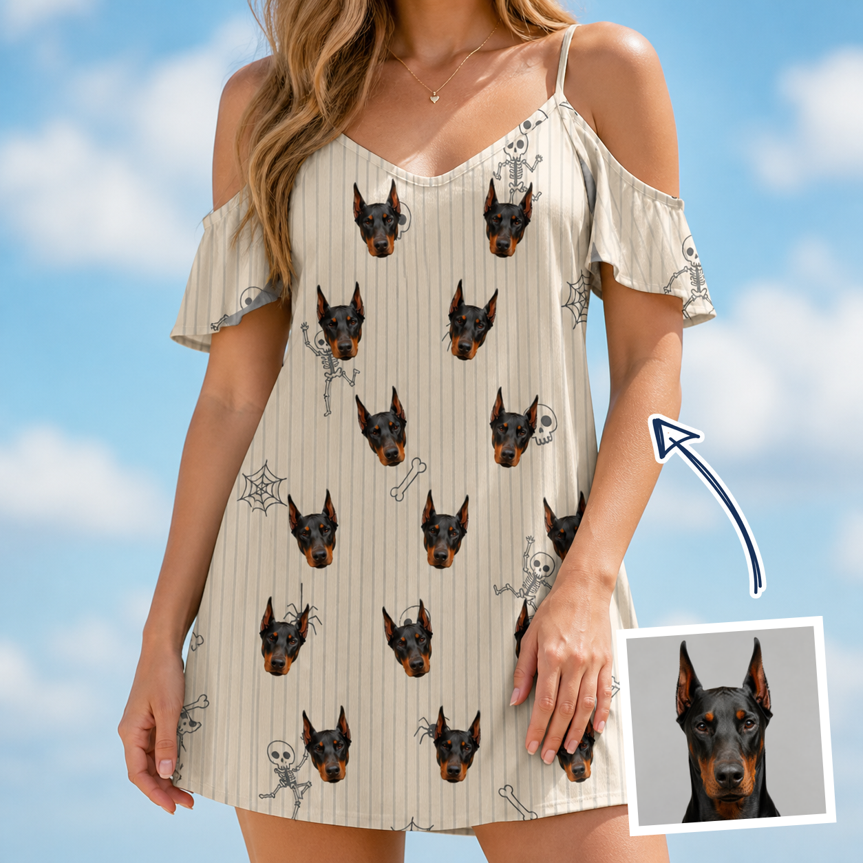 Woman wearing Women's Arachnid Antics Custom Dog Face Off-Shoulder Dress — custom faces printed all-over