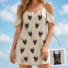 Woman wearing Women's Arachnid Antics Custom Dog Face Off-Shoulder Dress — custom faces printed all-over