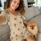 Selfie with the pet whose face is printed all over this Women's Arachnid Antics Custom Dog Face Off-Shoulder Dress