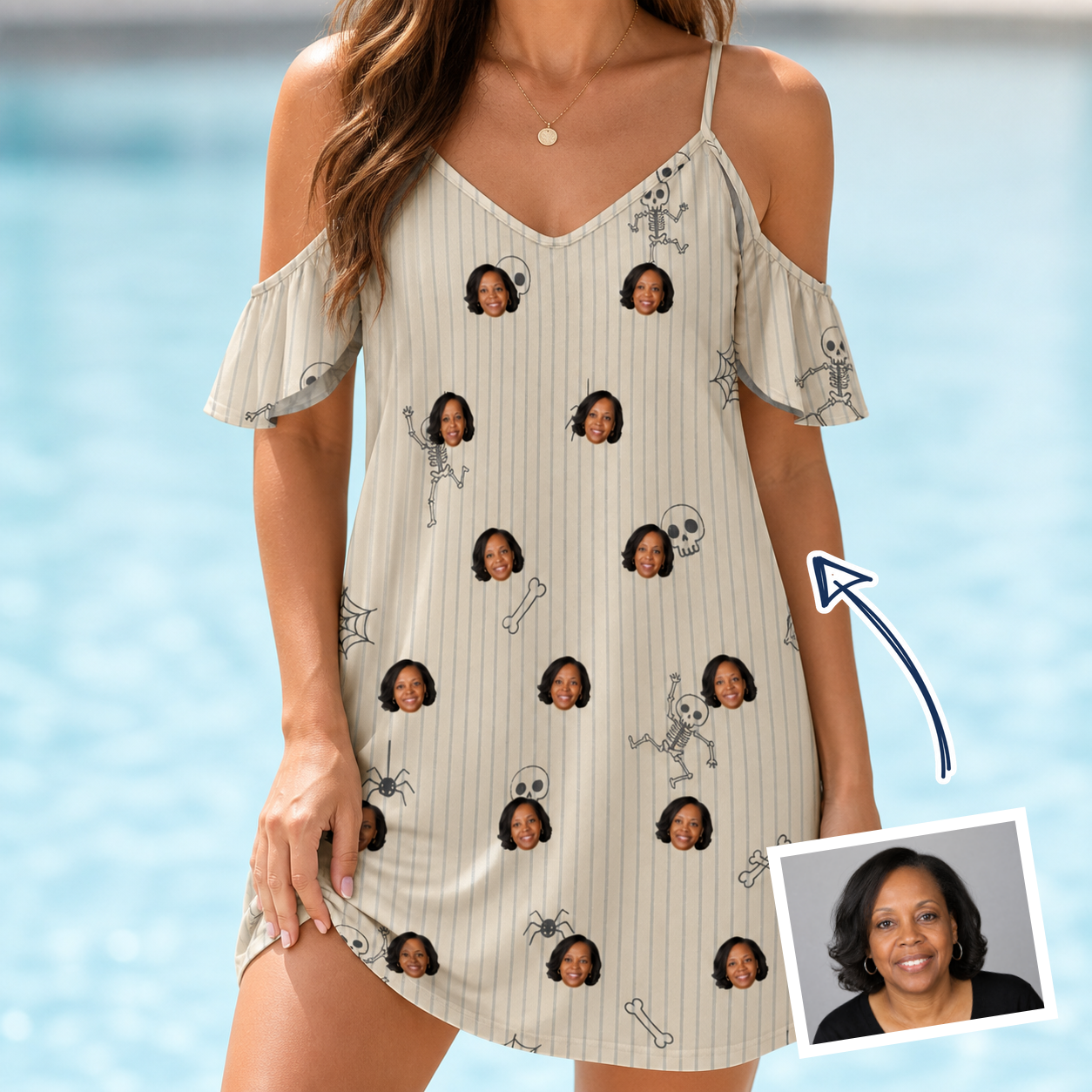 Woman wearing Women's Arachnid Antics Custom Face Off-Shoulder Dress — custom faces printed all-over