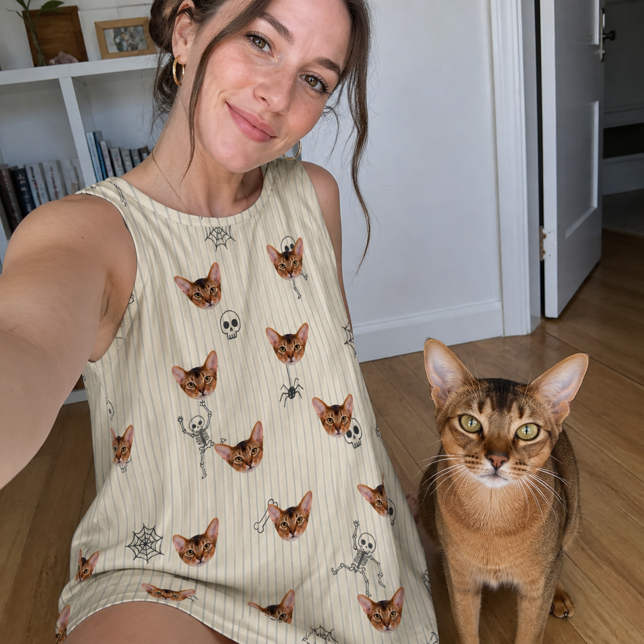 Selfie with the pet whose face is printed all over this Women's Arachnid Antics Custom Cat Face Tank Dress