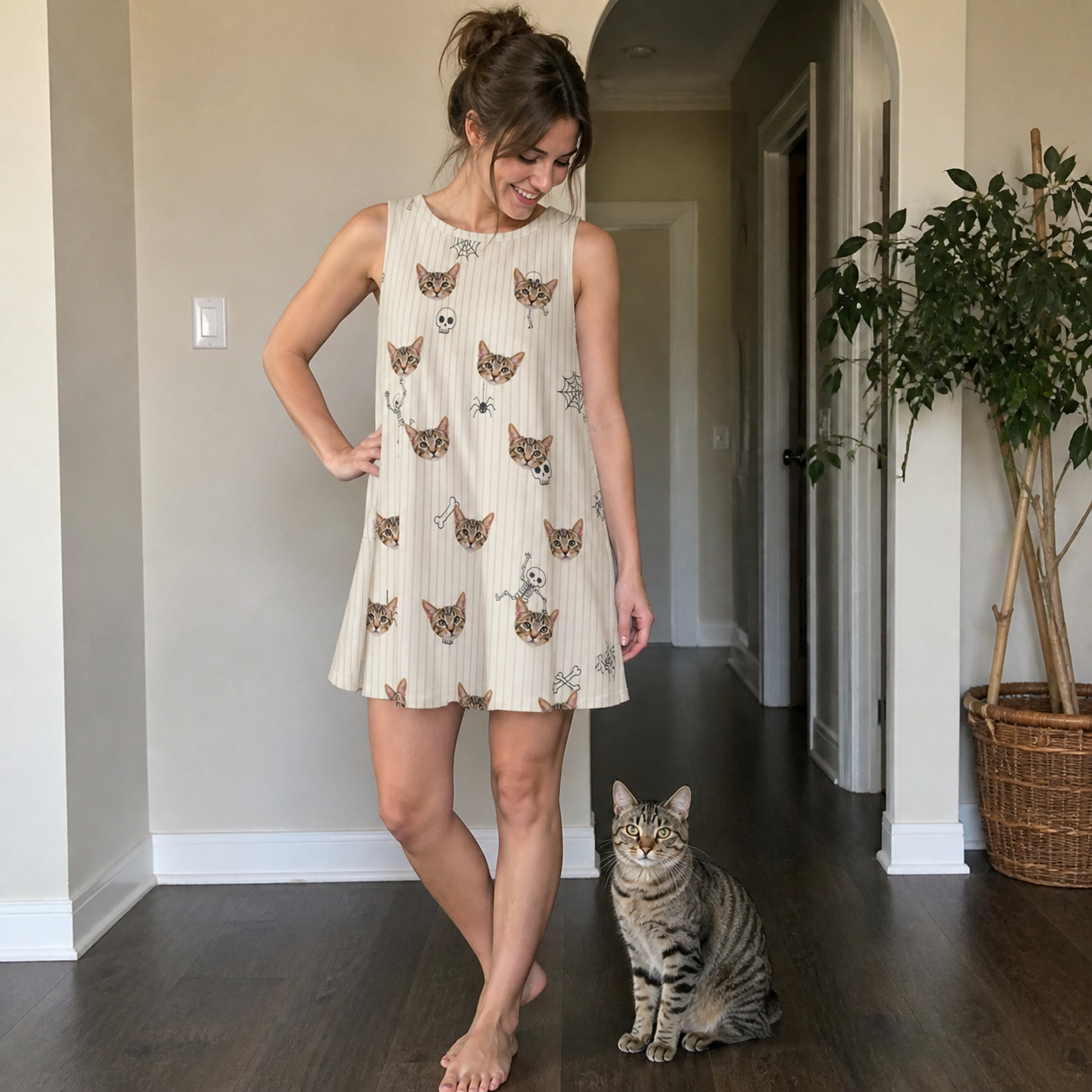 Full-length photo with the pet printed all over this Women's Arachnid Antics Custom Cat Face Tank Dress